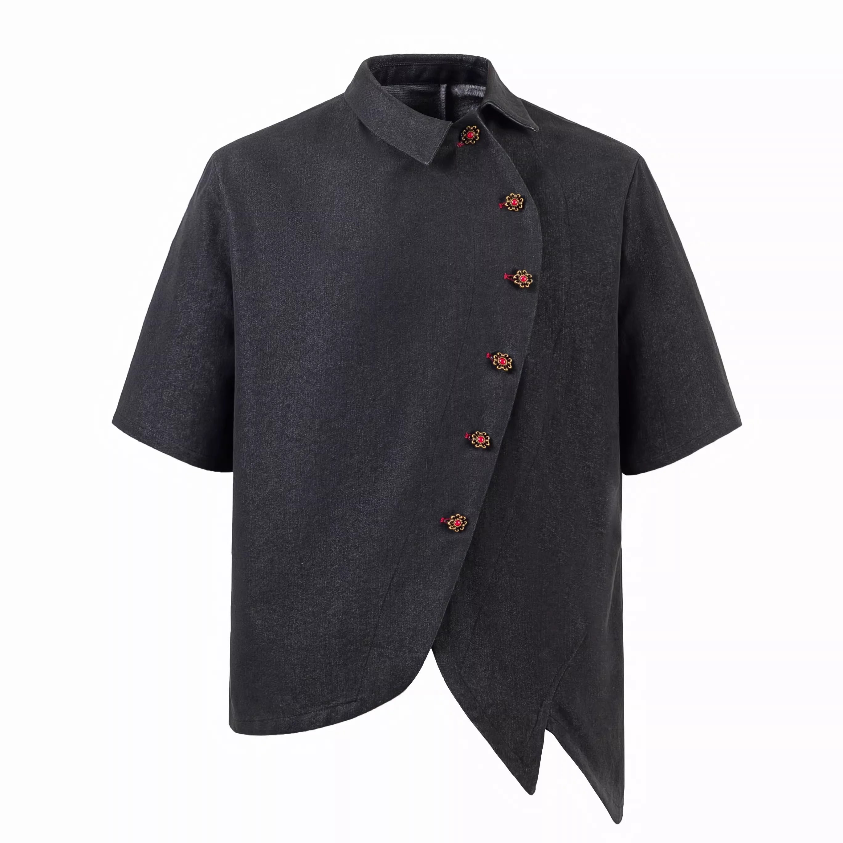 Y OFFICIAL Asymmetrical Black Short-Sleeve Shirt with Floral Buttons