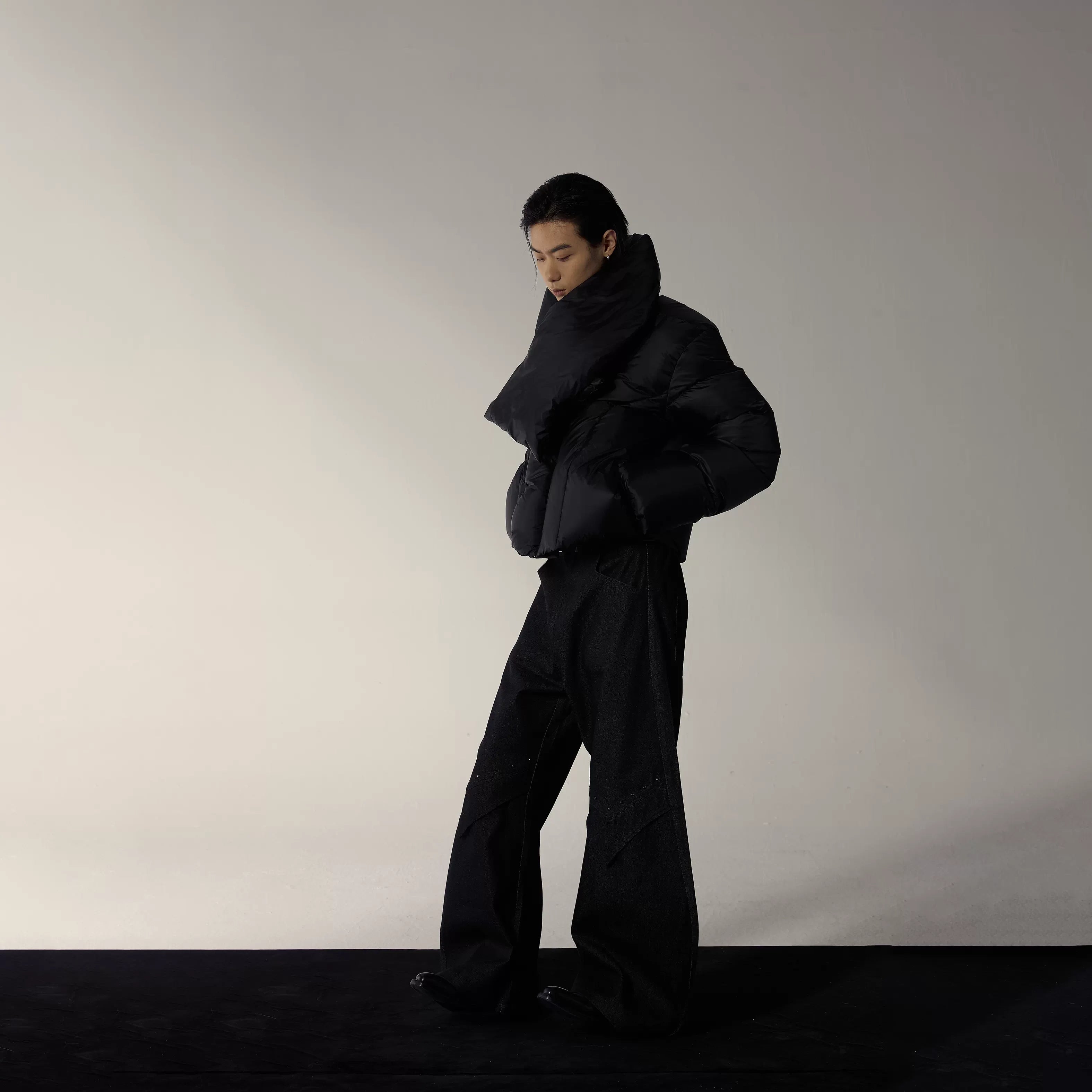 Y OFFICIAL Deconstructed High-Collar Down Puffer Jacket with Scarf Detail