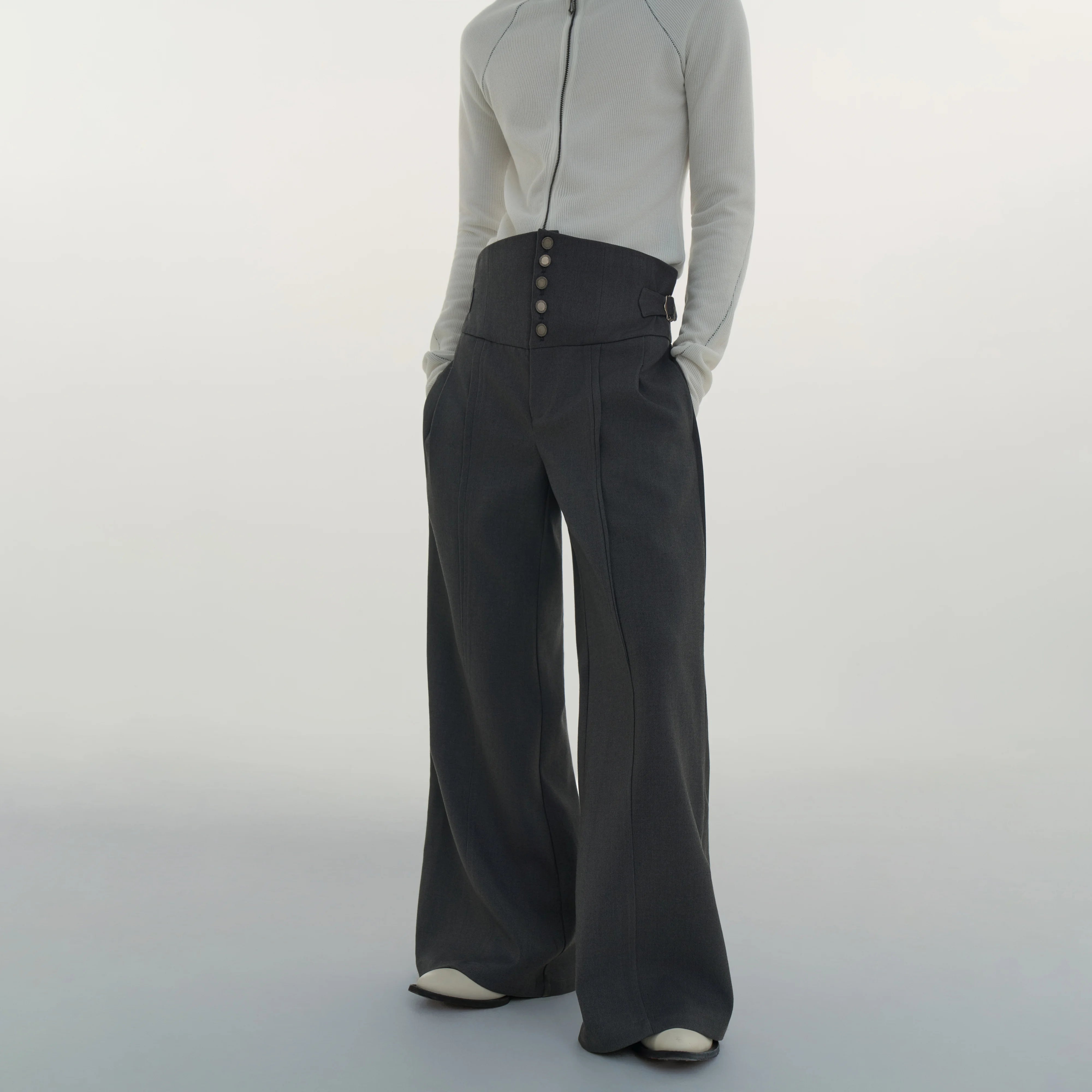 Y OFFICIAL High Waist Pleated Wool Blend Wide-Leg Trousers