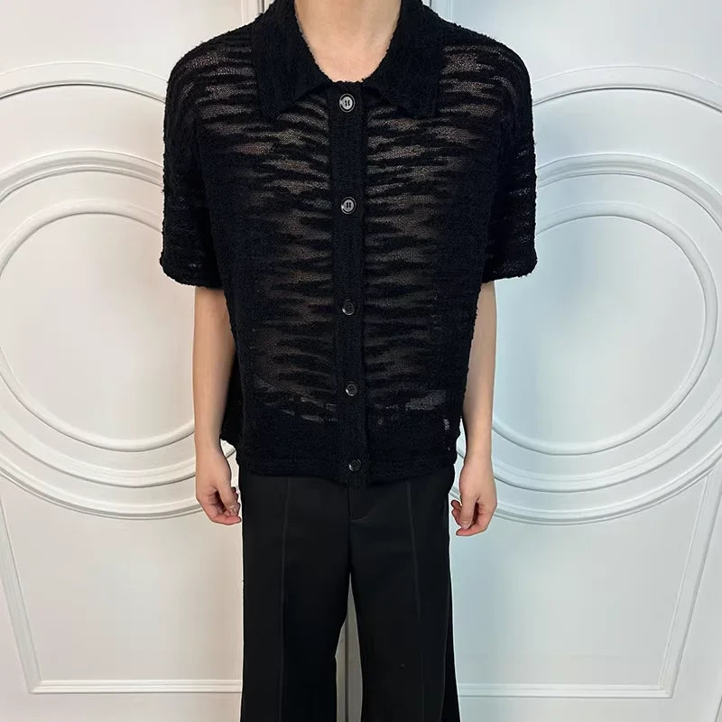 Y OFFICIAL Men's Black Textured Sheer Button-Up Shirt