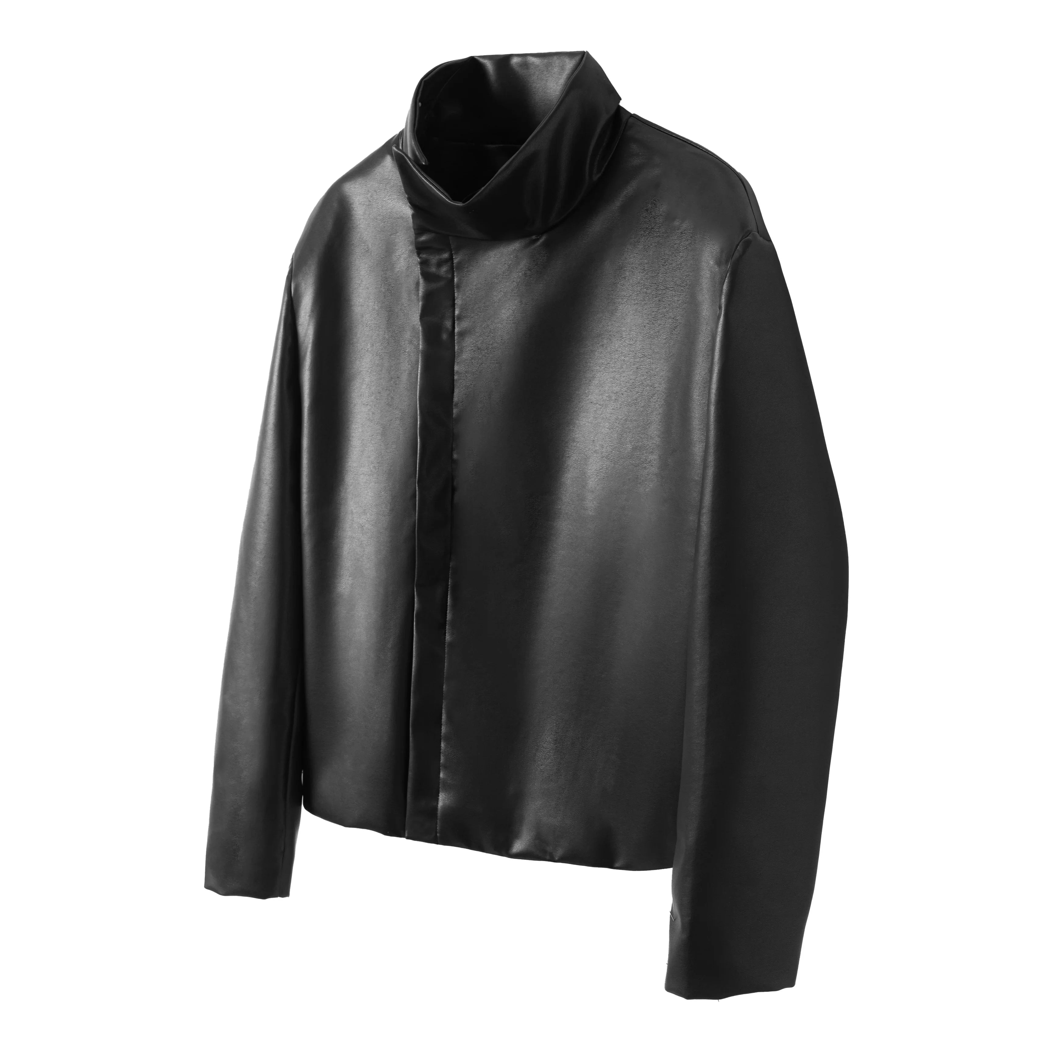 Y OFFICIAL Minimalist Black Textured PU Leather Slim Jacket