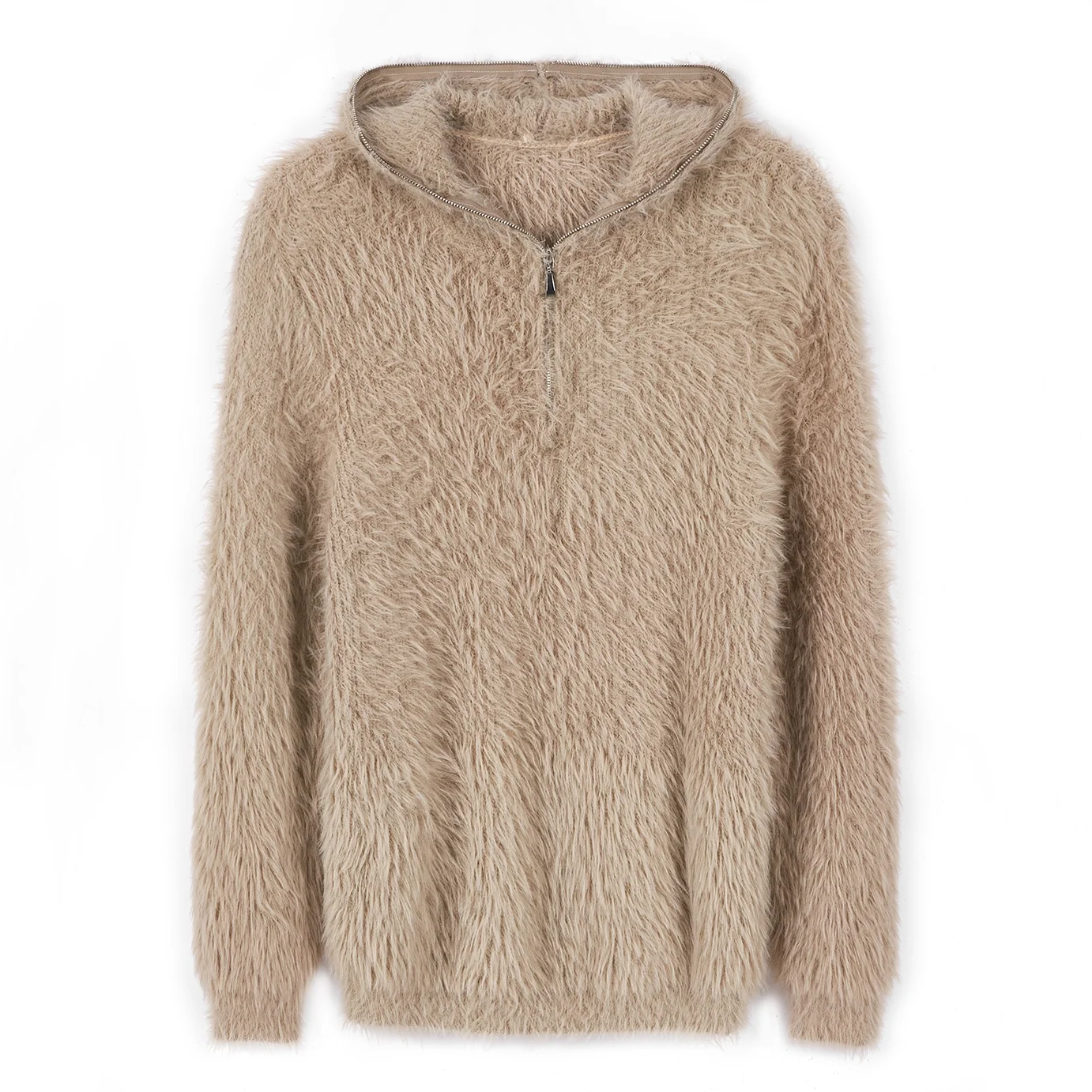 Y OFFICIAL Men's High Neck Half-Zip Faux Mink Knit Hoodie