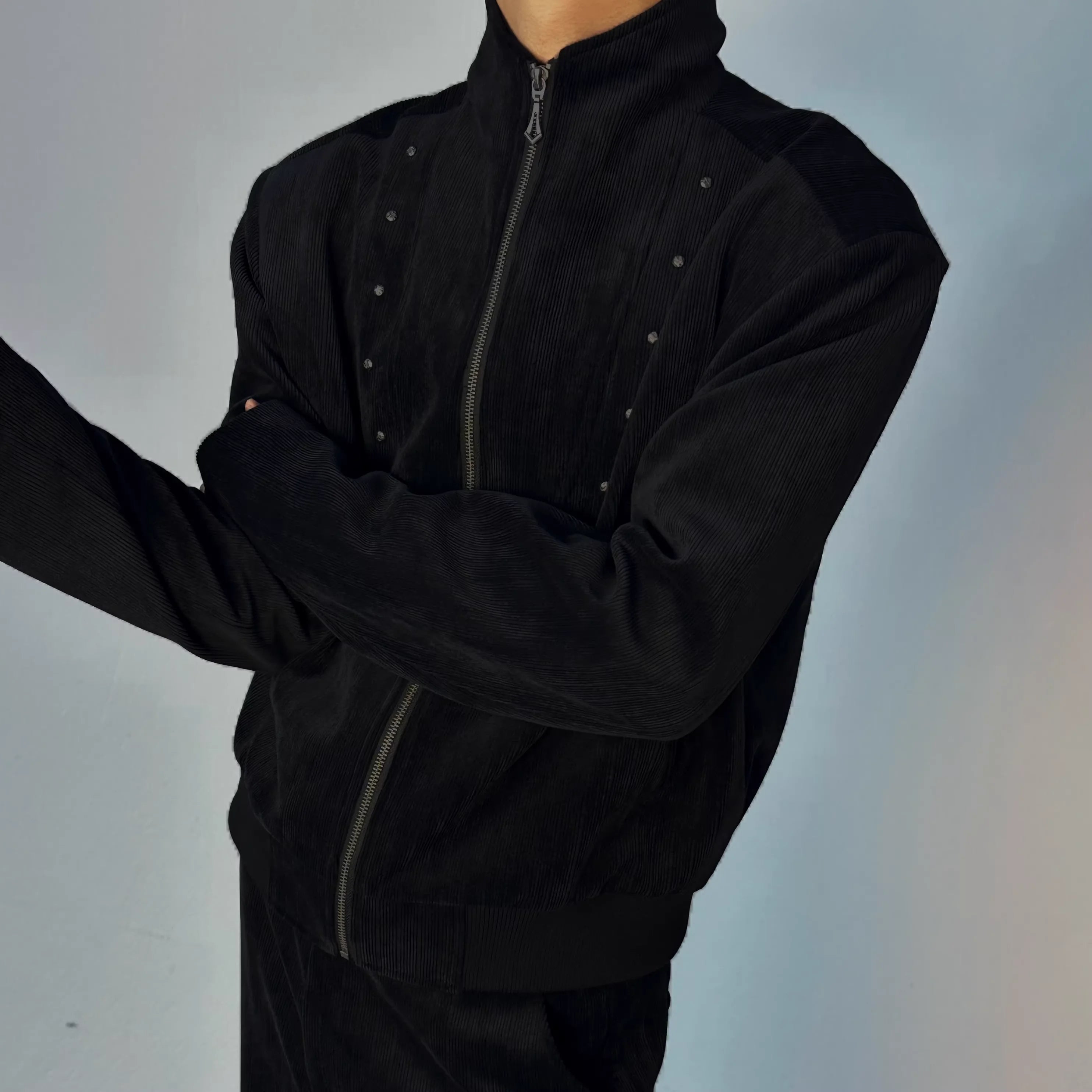 Y OFFICIAL Men's Studded Corduroy Stand Collar Jacket