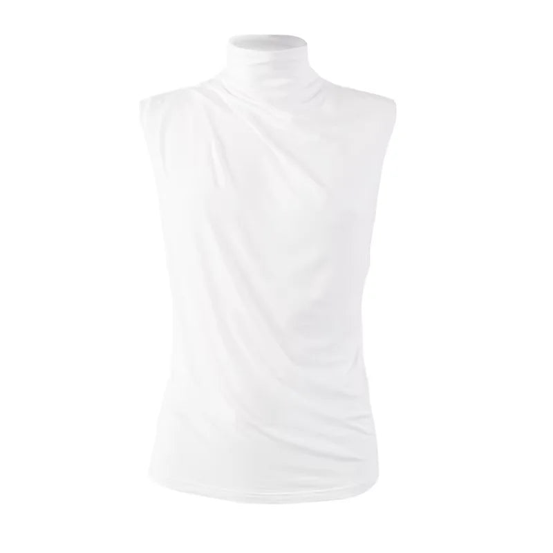 Y OFFICIAL Women's Sleeveless High-Neck Pleated Layering Top