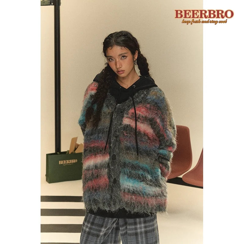 BeerBro Women's Loose Knit Cardigan with Irregular Striped Gradient