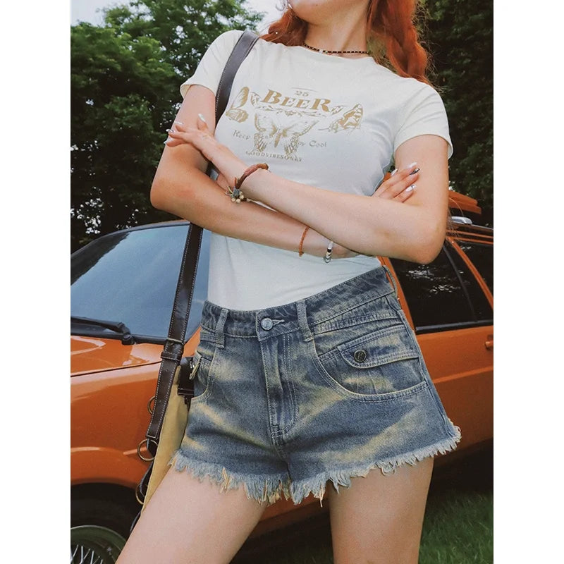 BeerBro Wasteland Style Distressed Denim Shorts with Raw Hem for Women