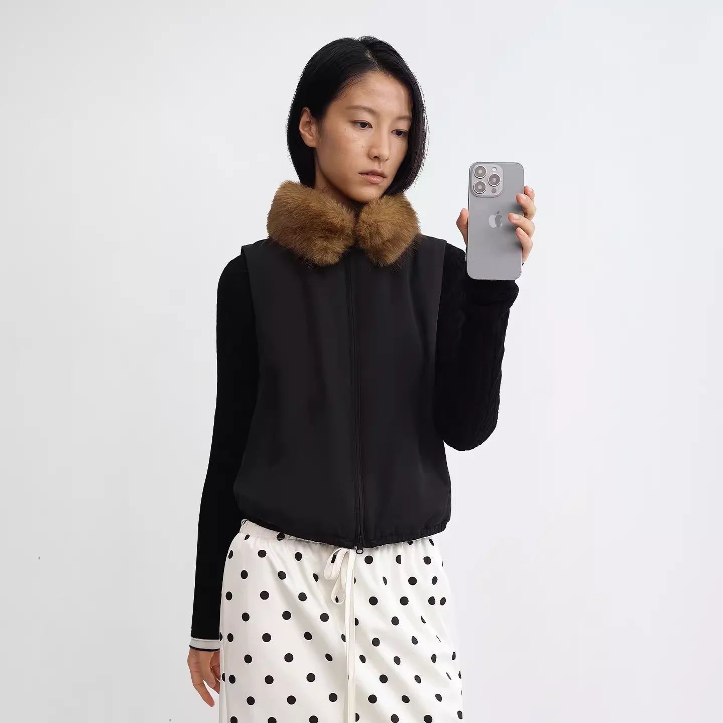 RARELY ALIKE Black Padded Vest with Detachable Faux Fur Collar