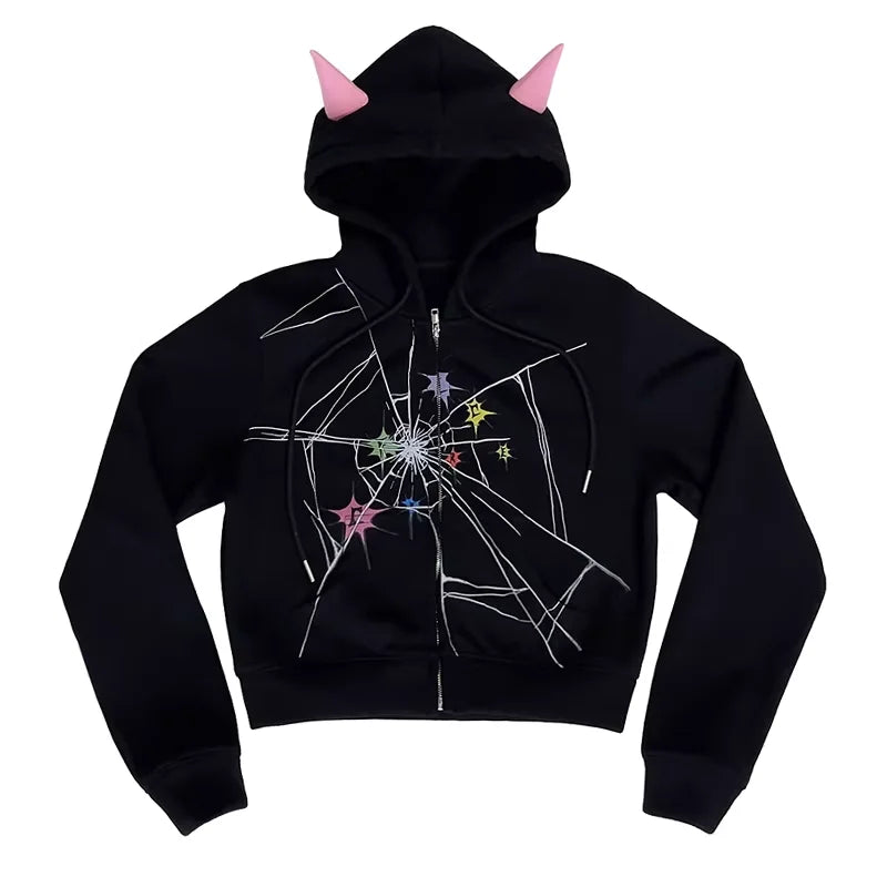 CFIERCE Cracked Print Hoodie with Pointed Hem and Devil Horns