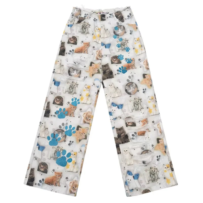 CFIERCE Women's Cat Print Wide-Leg Pants