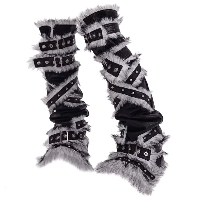 CFIERCE Faux Fur and Leather Patchwork Leg Warmers