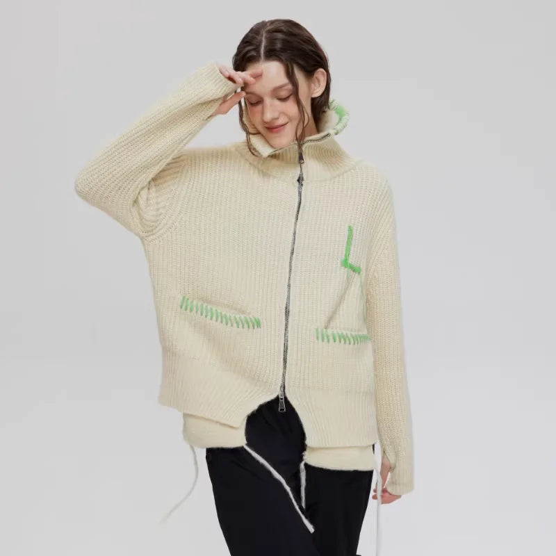 LOSTCTRL Unisex Embroidered Double Zipper Knit Cardigan with Drawstring