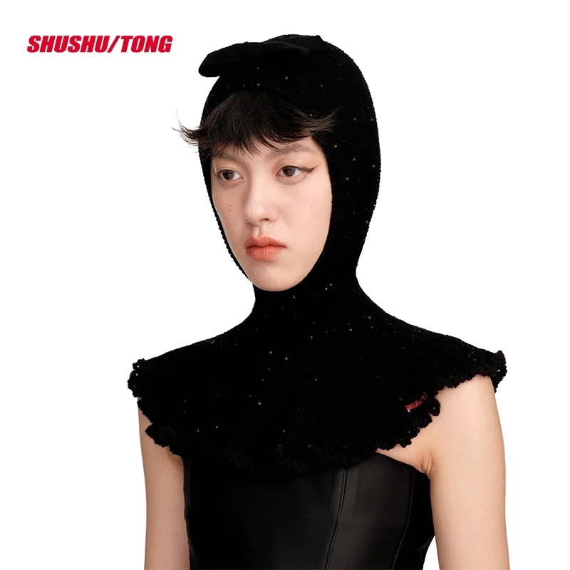 shushutong Women's Knitted Balaclava with Ruffled Collar and Bow