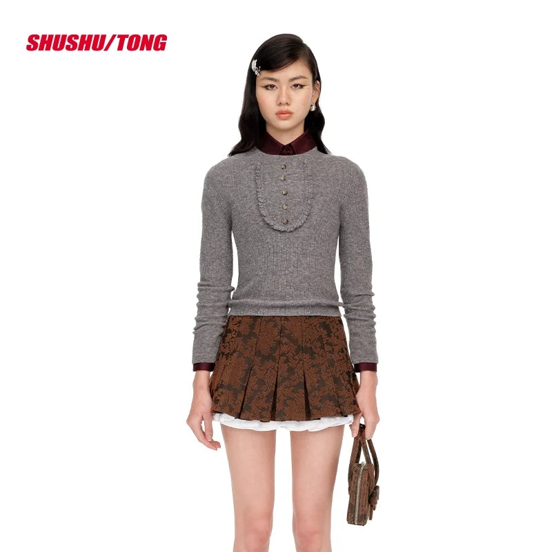 shushutong Women's Elegant Ribbed Knit Sweater with Button Detail