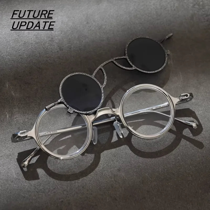 FUTURE UPDATE Retro Futuristic Titanium Round Sunglasses with Magnetic Clip-On