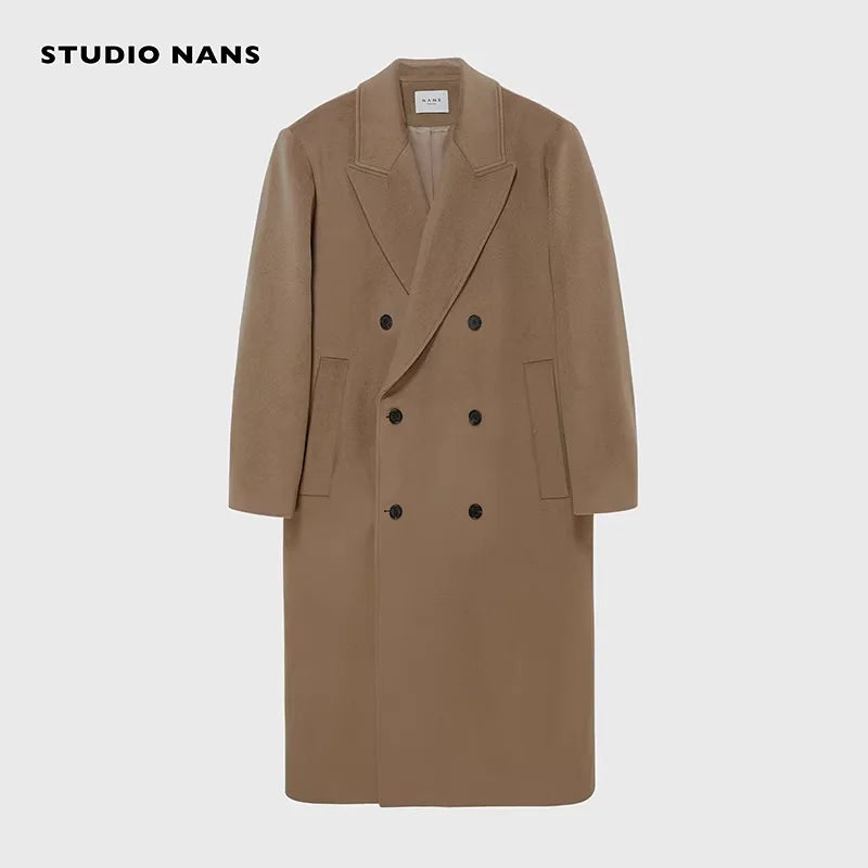 NANS Menswear Men's Oversized Double-Breasted Wool Herringbone Coat