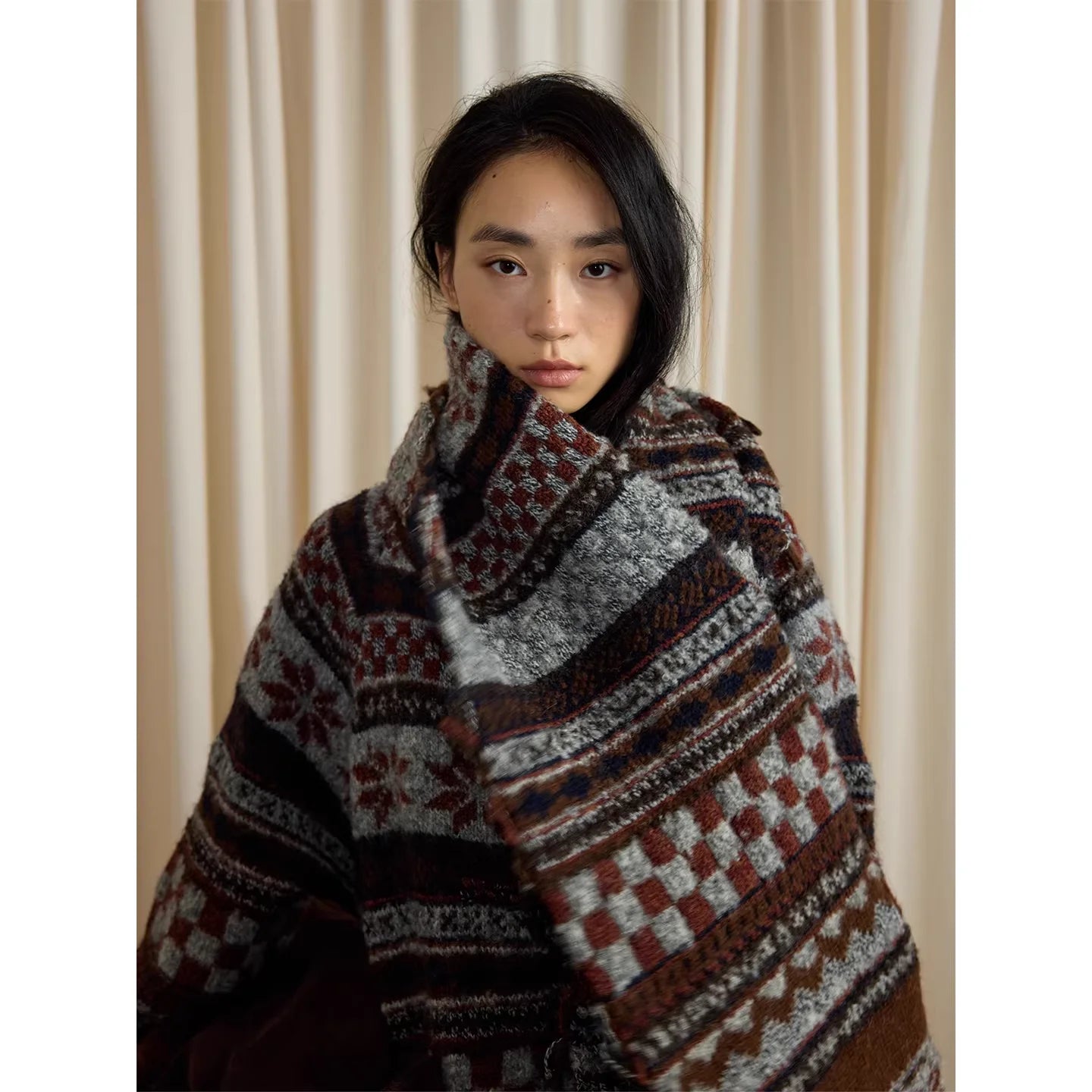 RandomPiece Fair Isle Wool Blend Knit Scarf with Fringe