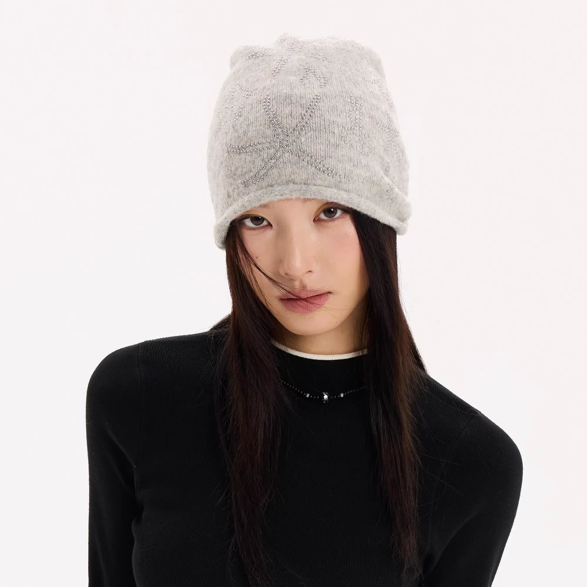 THELIGHT OFFICIAL Vintage Wool Beanie with Rhinestone Graphics and Rolled Brim