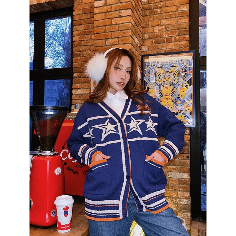 BeerBro Women's Retro V-Neck Star Knit Cardigan - Autumn Winter Loose Fit