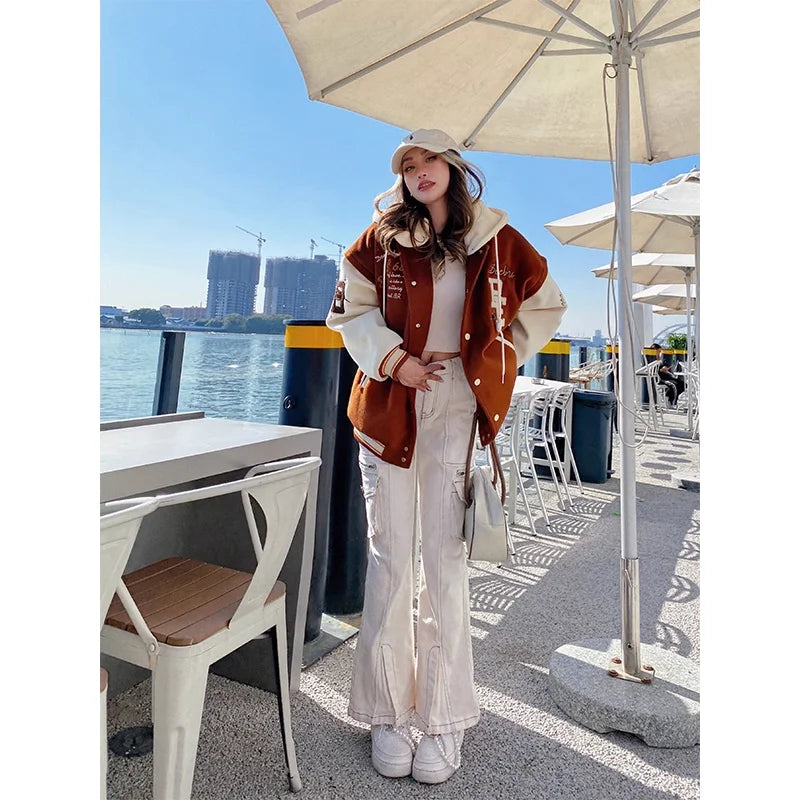 BeerBro Women's Retro Hooded Varsity Jacket - Winter Thickened Wool Coat