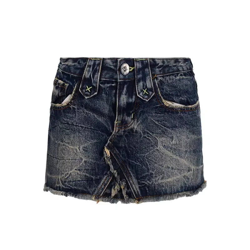 BeerBro Vintage Washed Low Waist Denim Mini Skirt for Women