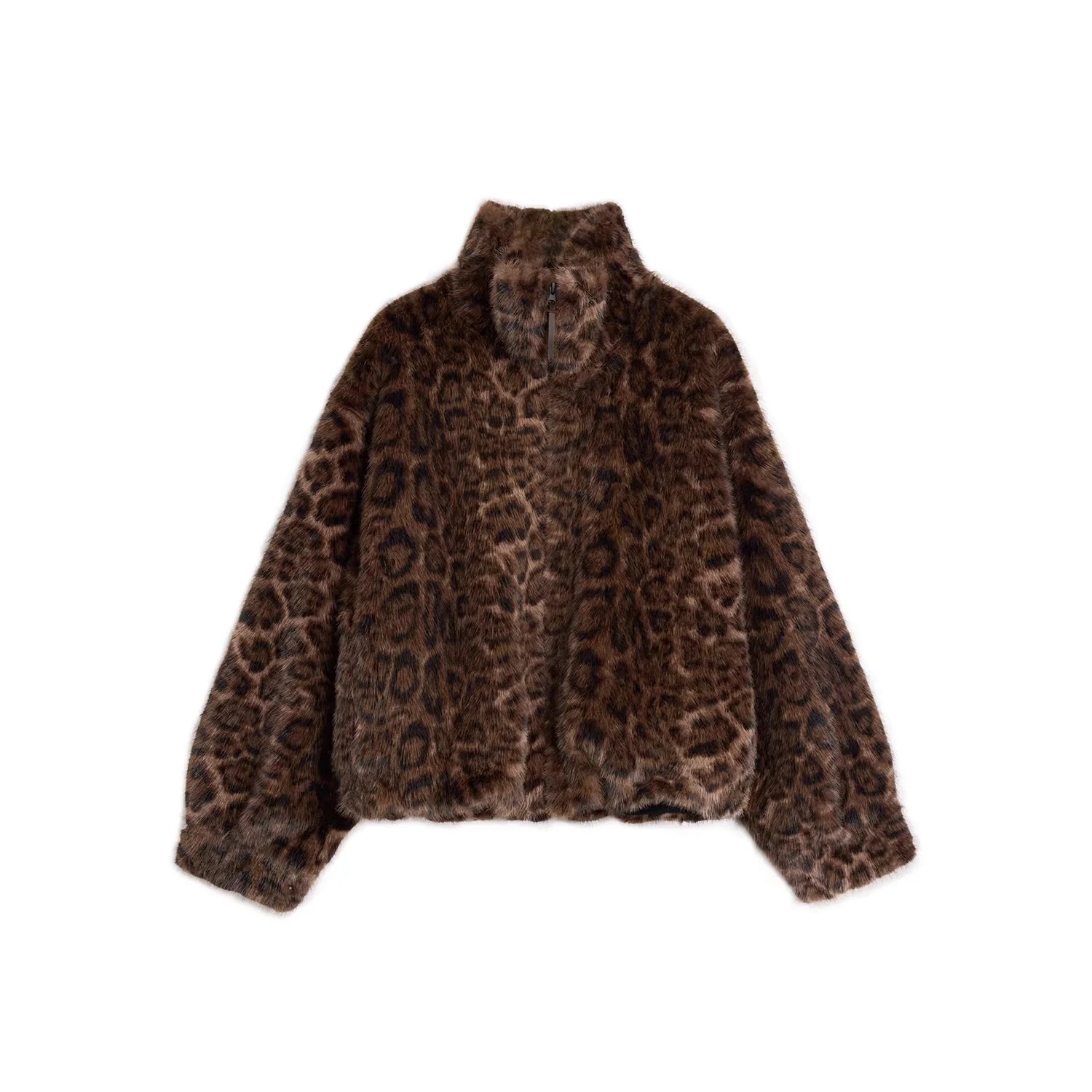 alright then Leopard Print Faux Fur Oversized Coat with Stand Collar