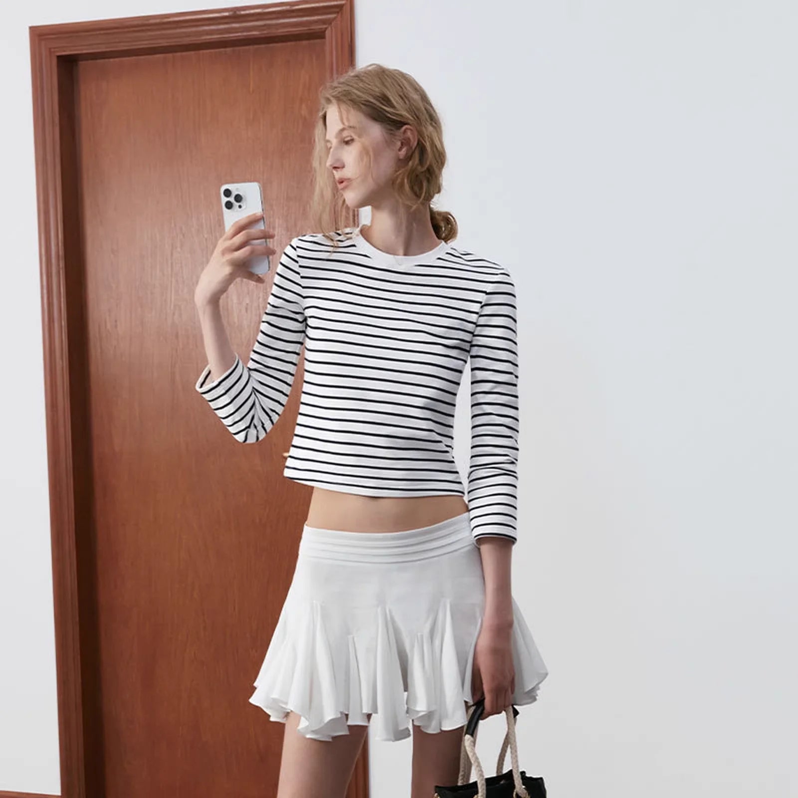 PUKI Slim Fit Striped Long Sleeve Crop Top for Women