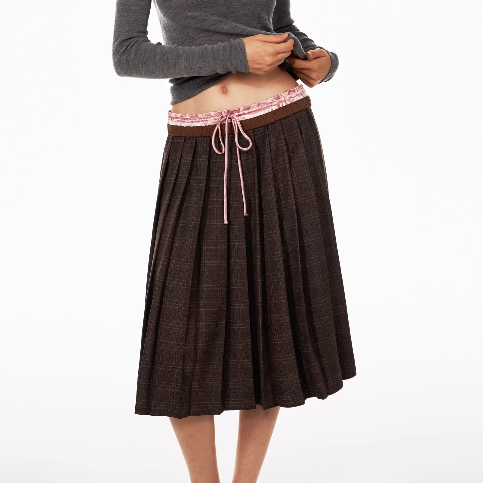 PUKI Plaid Pleated Skirt with Contrast Waistband