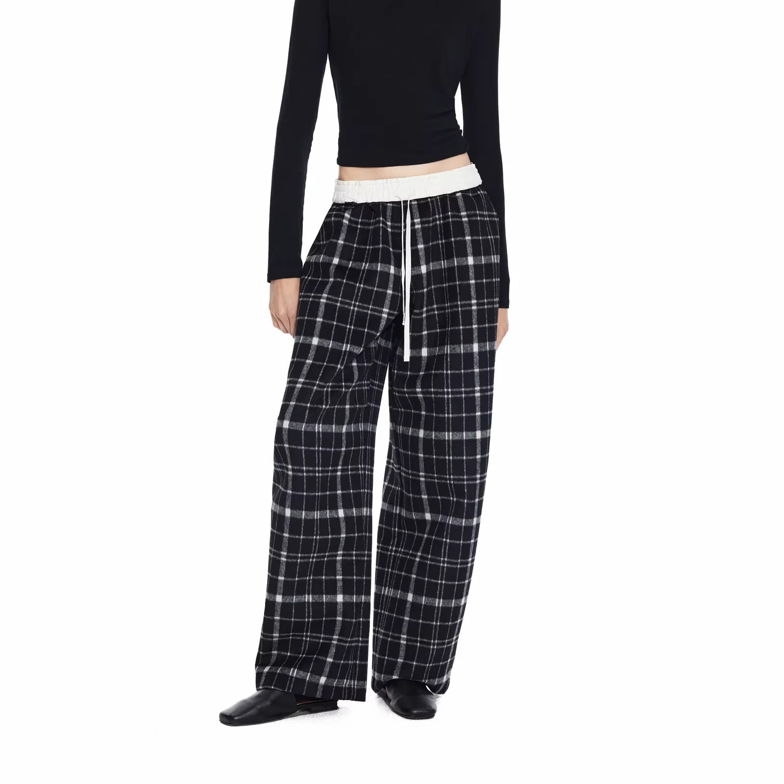 PUKI Reversible Wool-Blend Plaid Wide-Leg Pants with Drawstring Waist