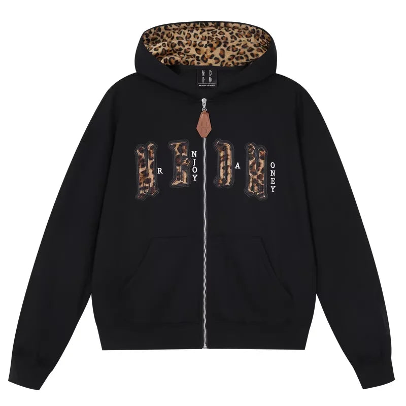 MEDM Leopard Print Zip-Up Hoodie with Hood Lining and Decorative Text