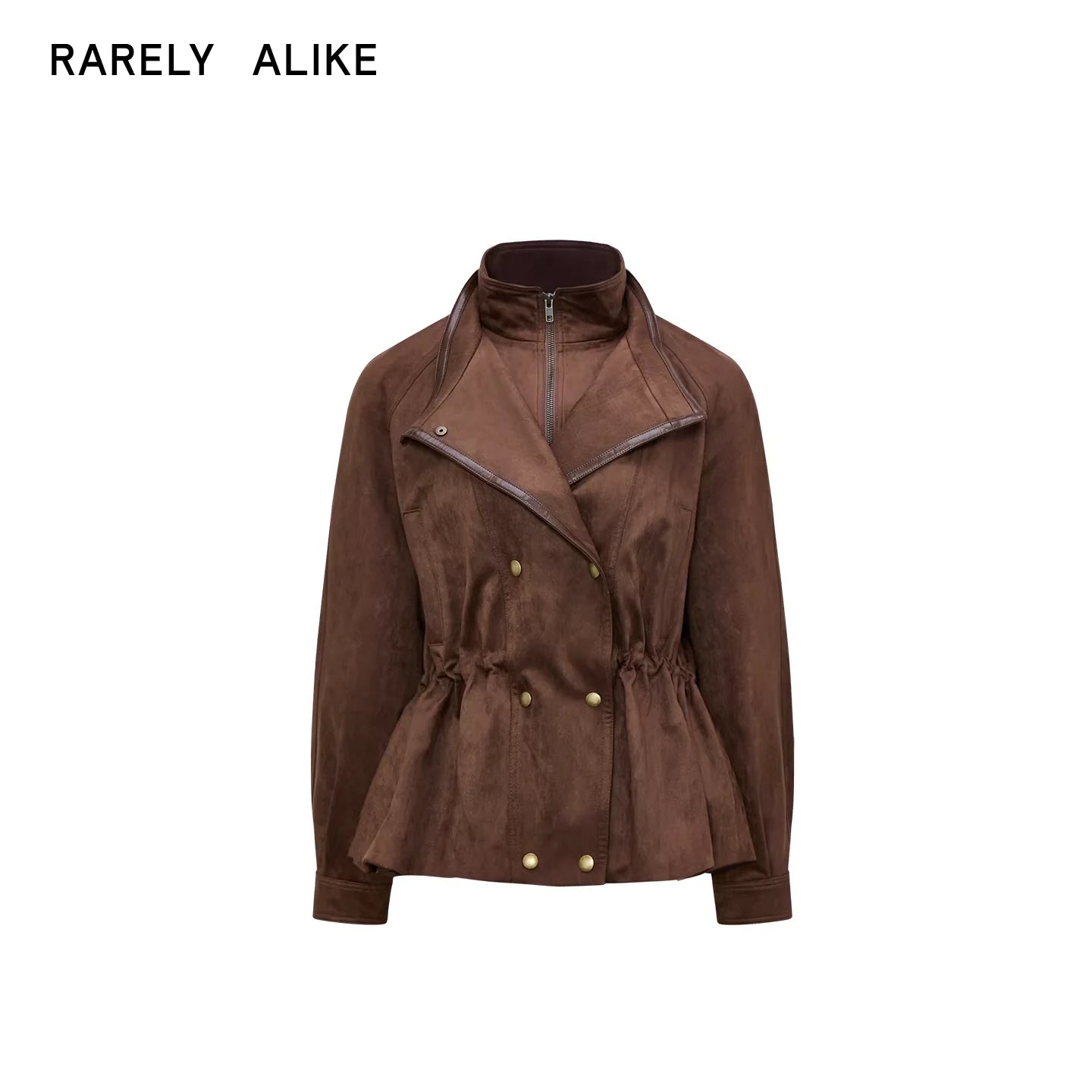 RARELY ALIKE Faux Two-Piece Stand Collar Leather Jacket with Drawstring Waist