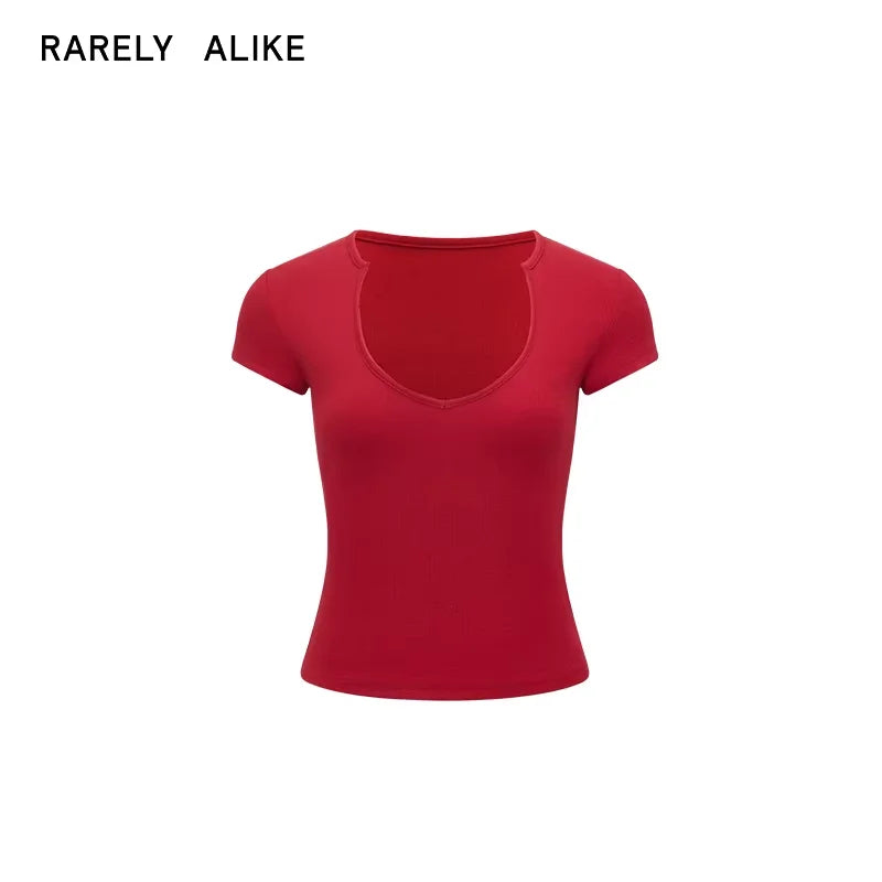 RARELY ALIKE Layered Scoop Neck Short Sleeve T-Shirt - Red/White