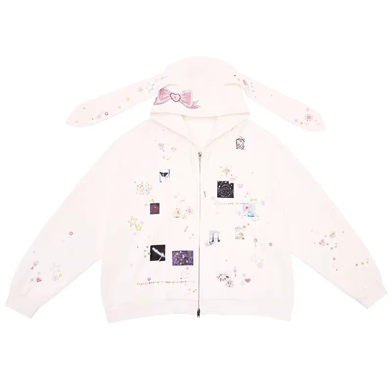 CFIERCE Rhinestone Bunny Ear Graphic Zip Hoodie