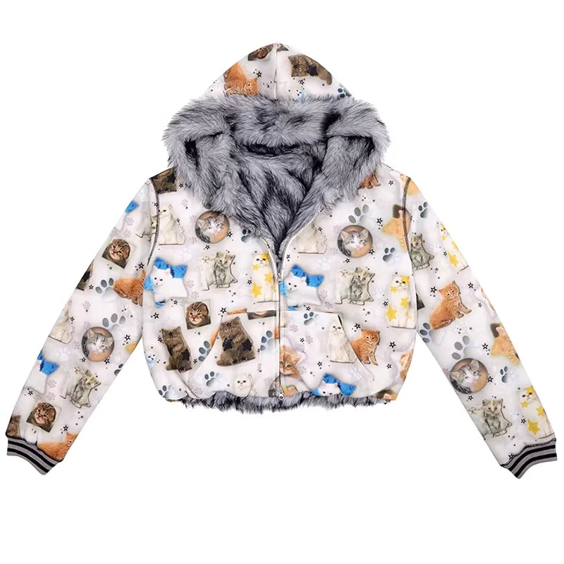 CFIERCE Reversible Cat Print Faux Fur Hooded Coat