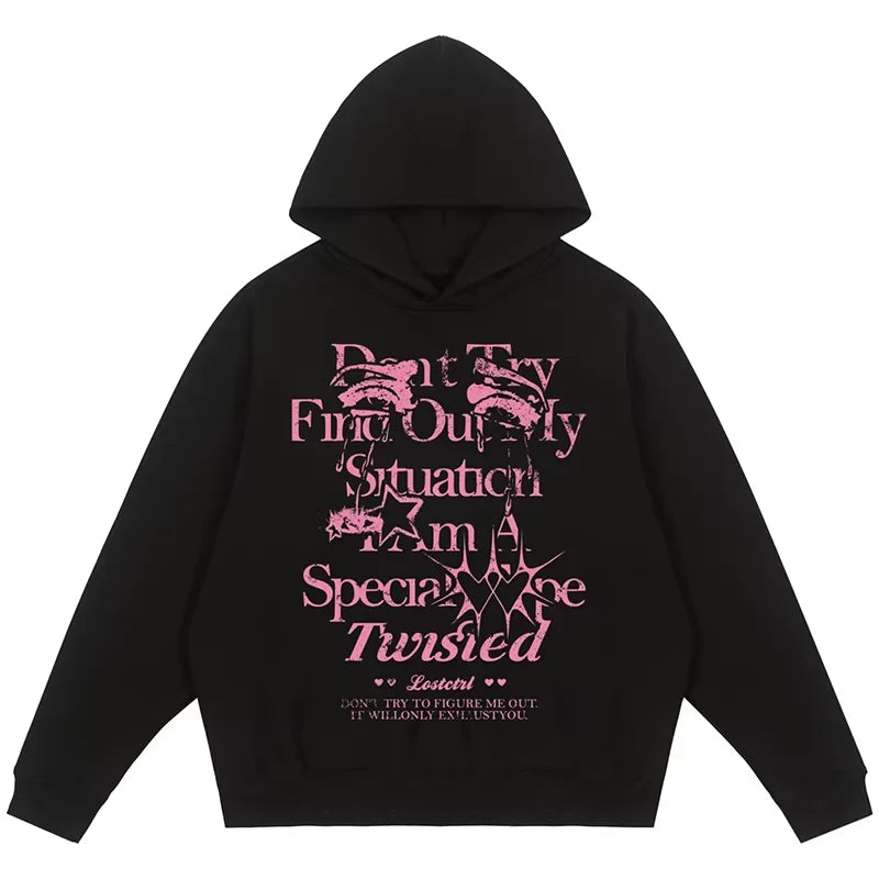 LOSTCTRL Dirty Pink Fleece-Lined Oversized Hoodie with Graphic Print