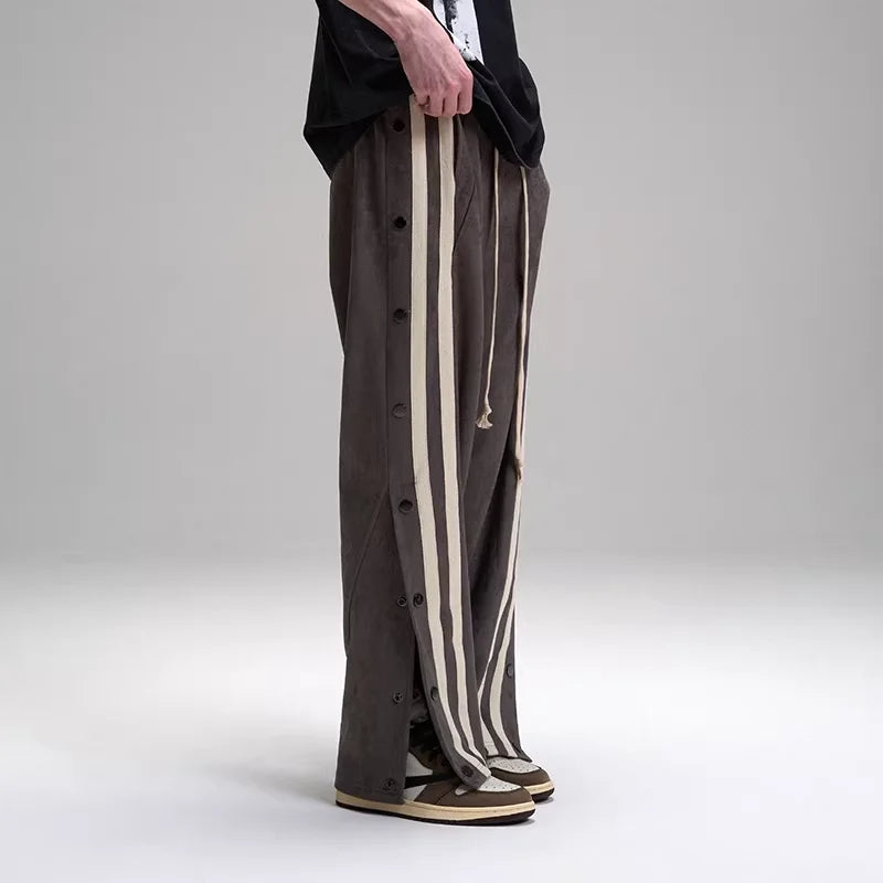 LOSTCTRL Men's Suede Side-Stripe Wide-Leg Casual Pants