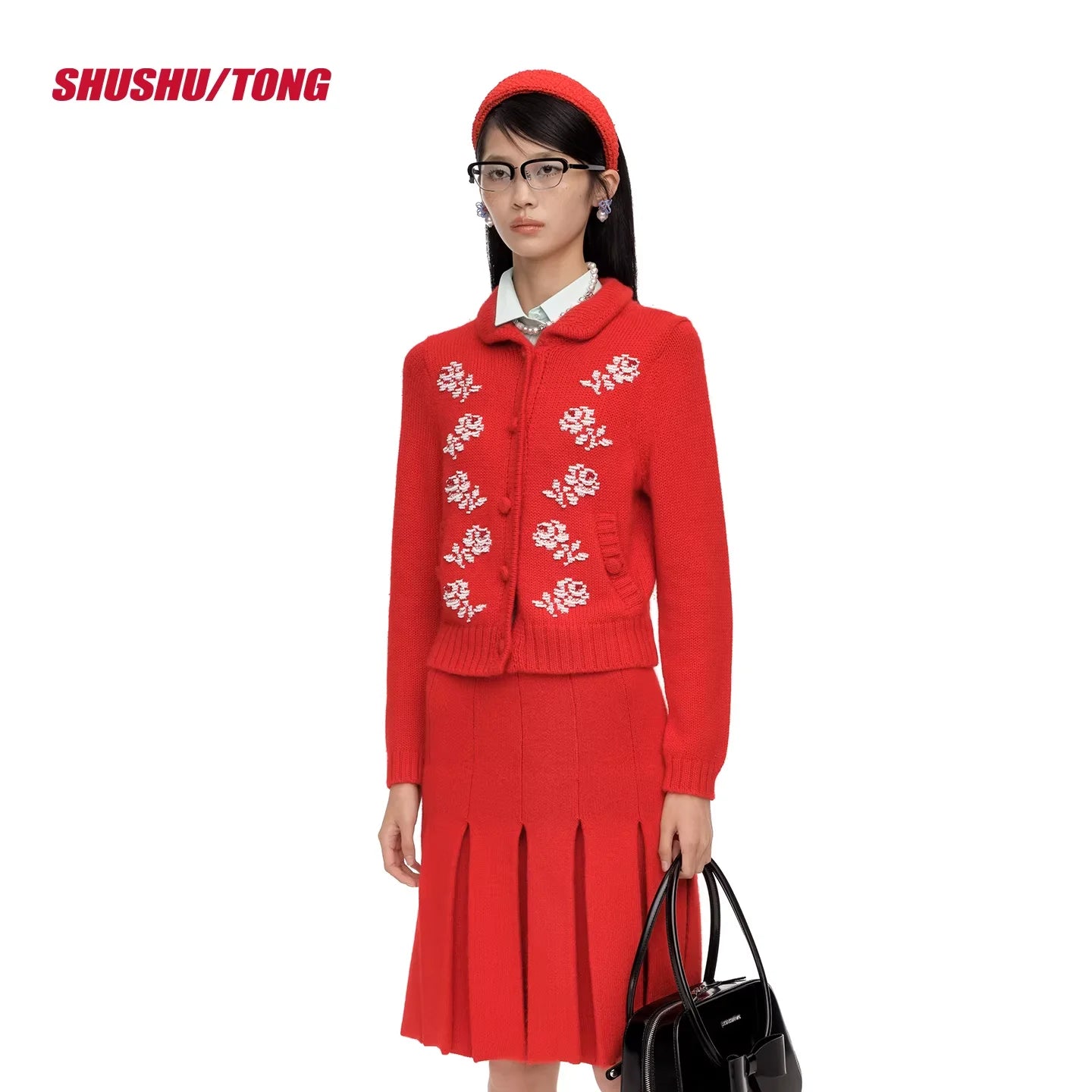 shushutong Women's Embroidered Beaded Knit Cardigan and Skirt Set