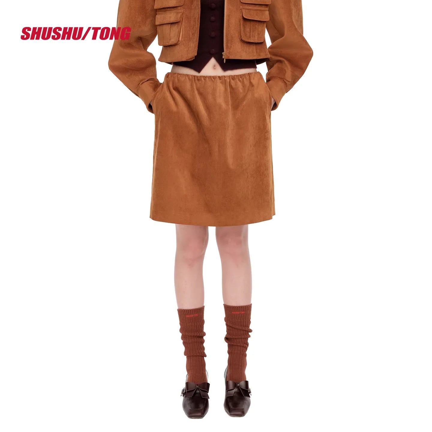 shushutong Winter Suede Ruched Knee-Length Skirt