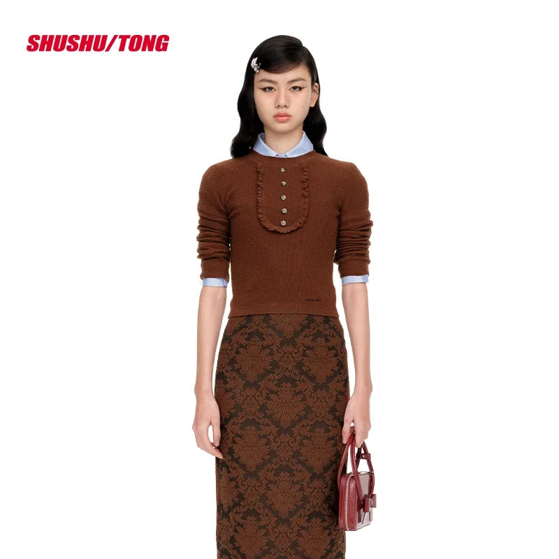 shushutong Women's Elegant Ribbed Knit Sweater with Button Detail