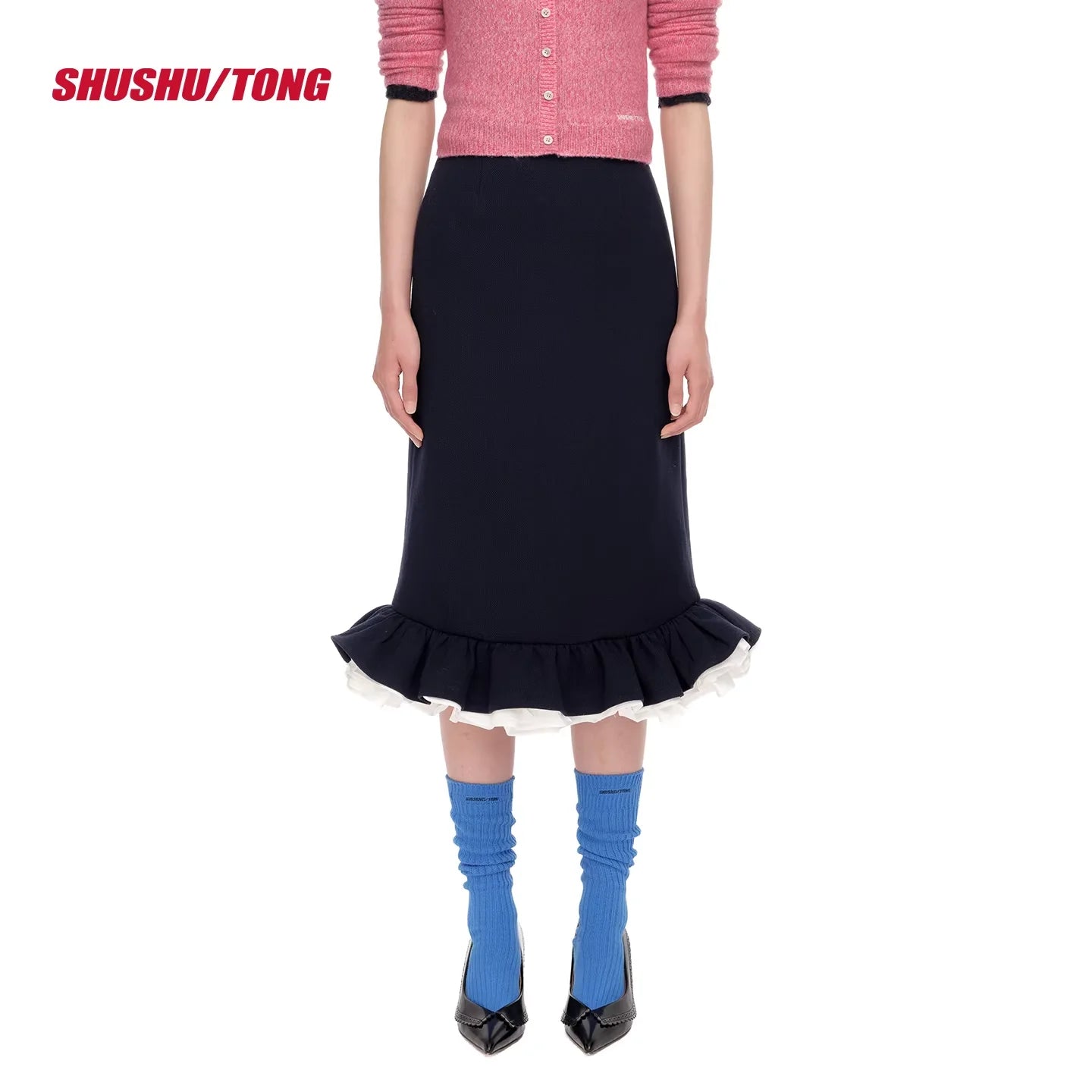 shushutong Winter Ruffled Tulip Midi Skirt