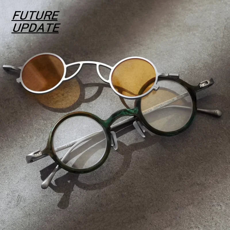 FUTURE UPDATE Retro Futuristic Titanium Round Sunglasses with Magnetic Clip-On