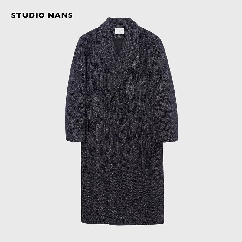 NANS Menswear Men's Oversized Double-Breasted Wool Herringbone Coat