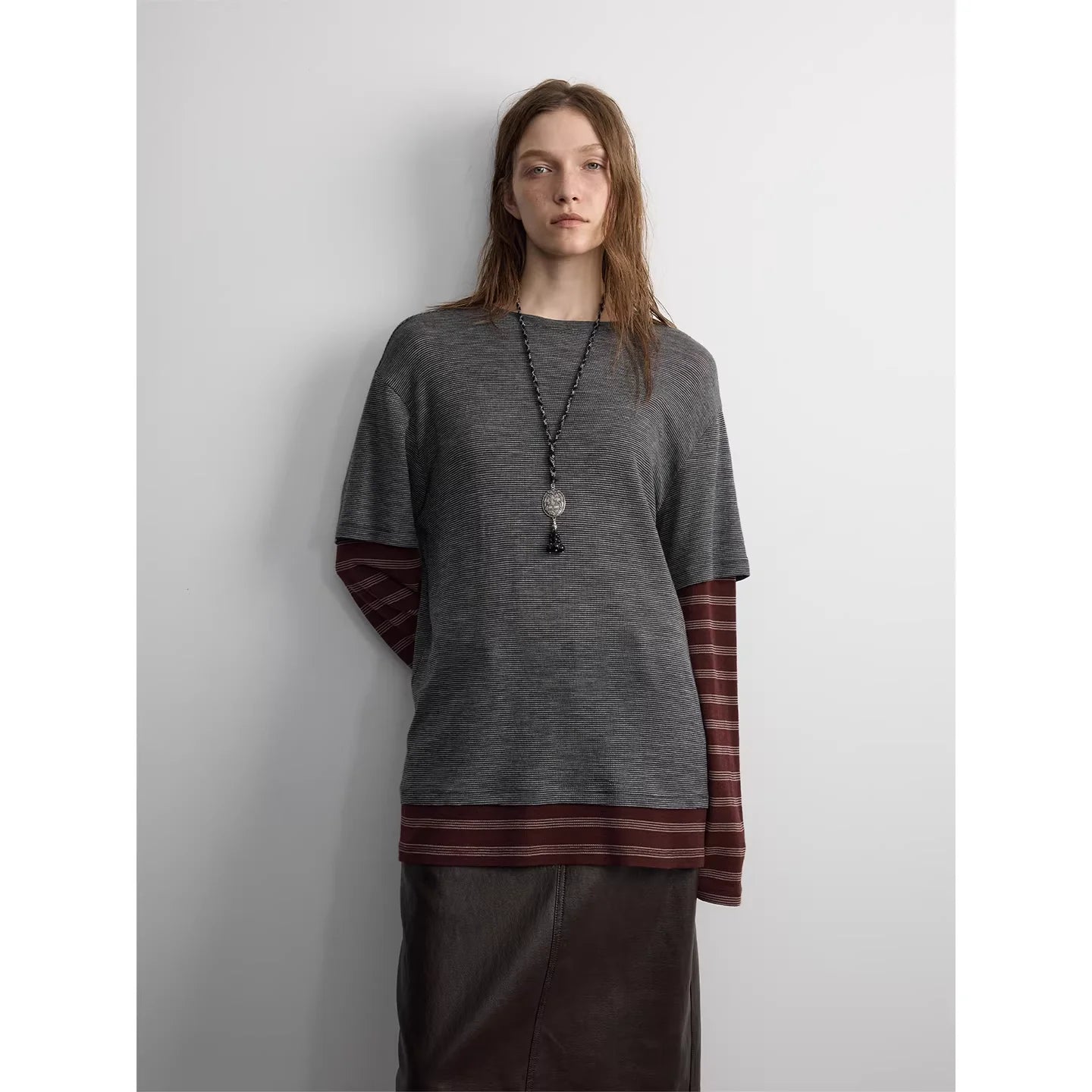 RandomPiece Merino Wool Striped Patchwork Layered Long Sleeve Top