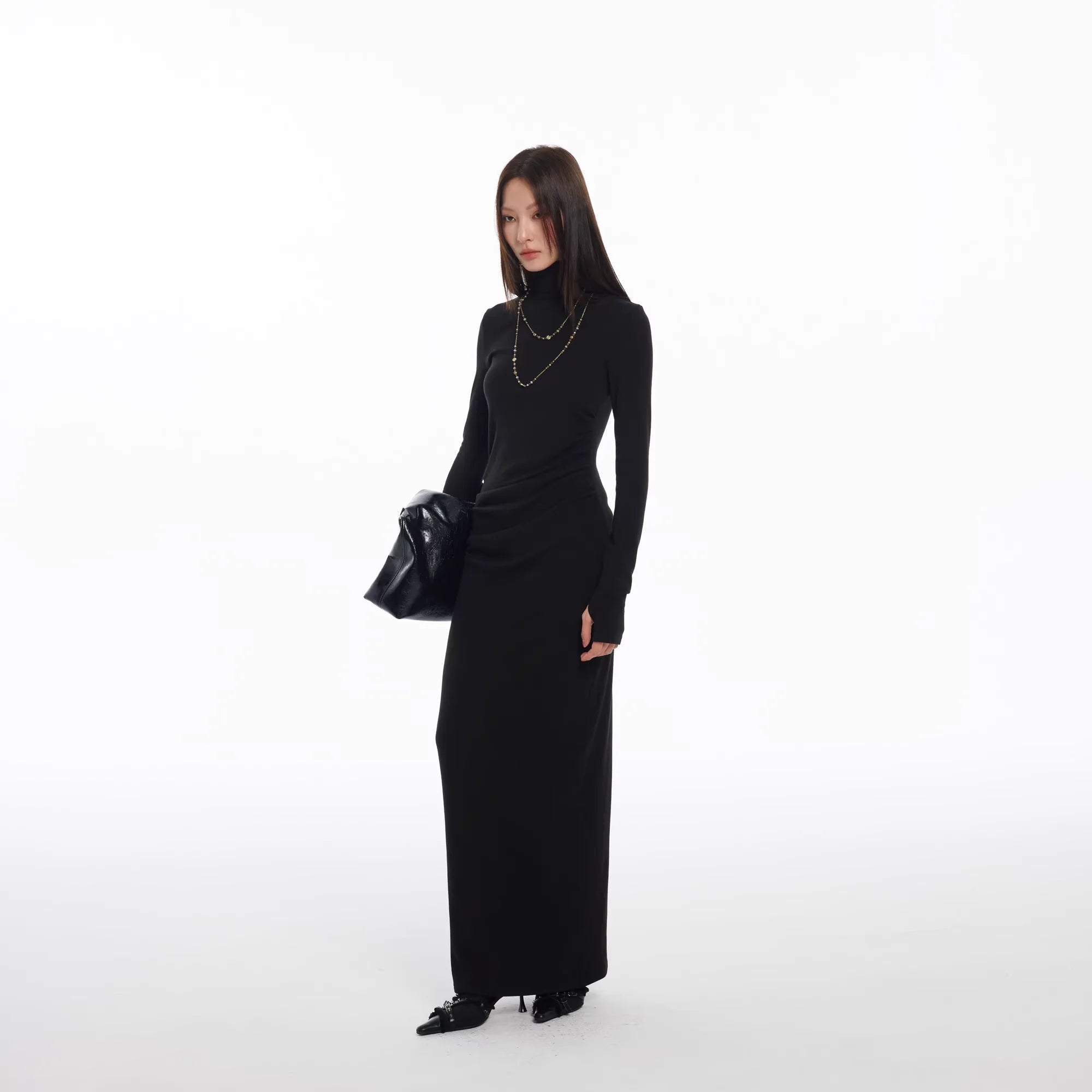 THELIGHT OFFICIAL Women's Slim Fit Ruched Turtleneck Dress - Long Sleeve Bodycon for Autumn Winter