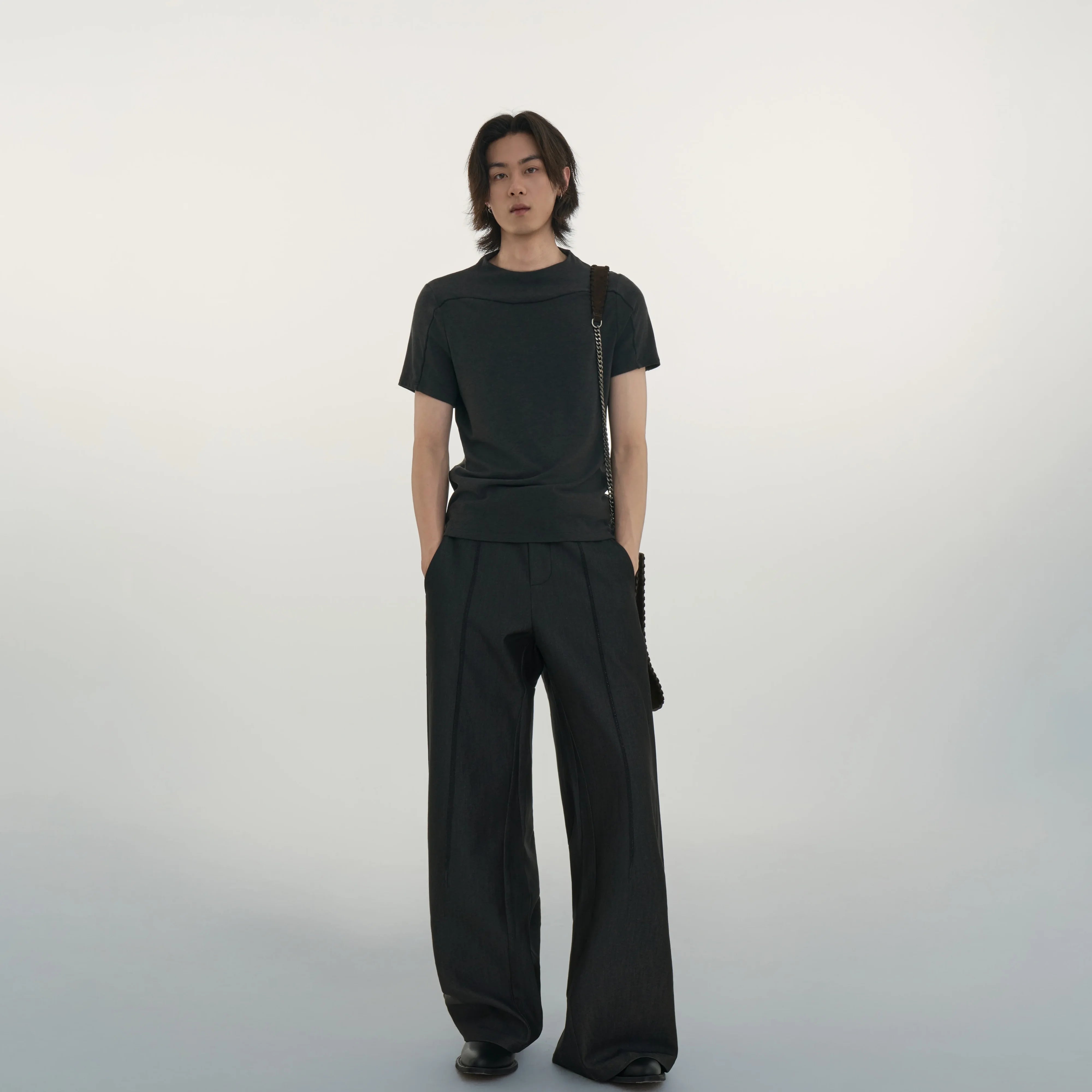 Y OFFICIAL Patchwork Wool-Blend T-Shirt with Deconstructed Collar